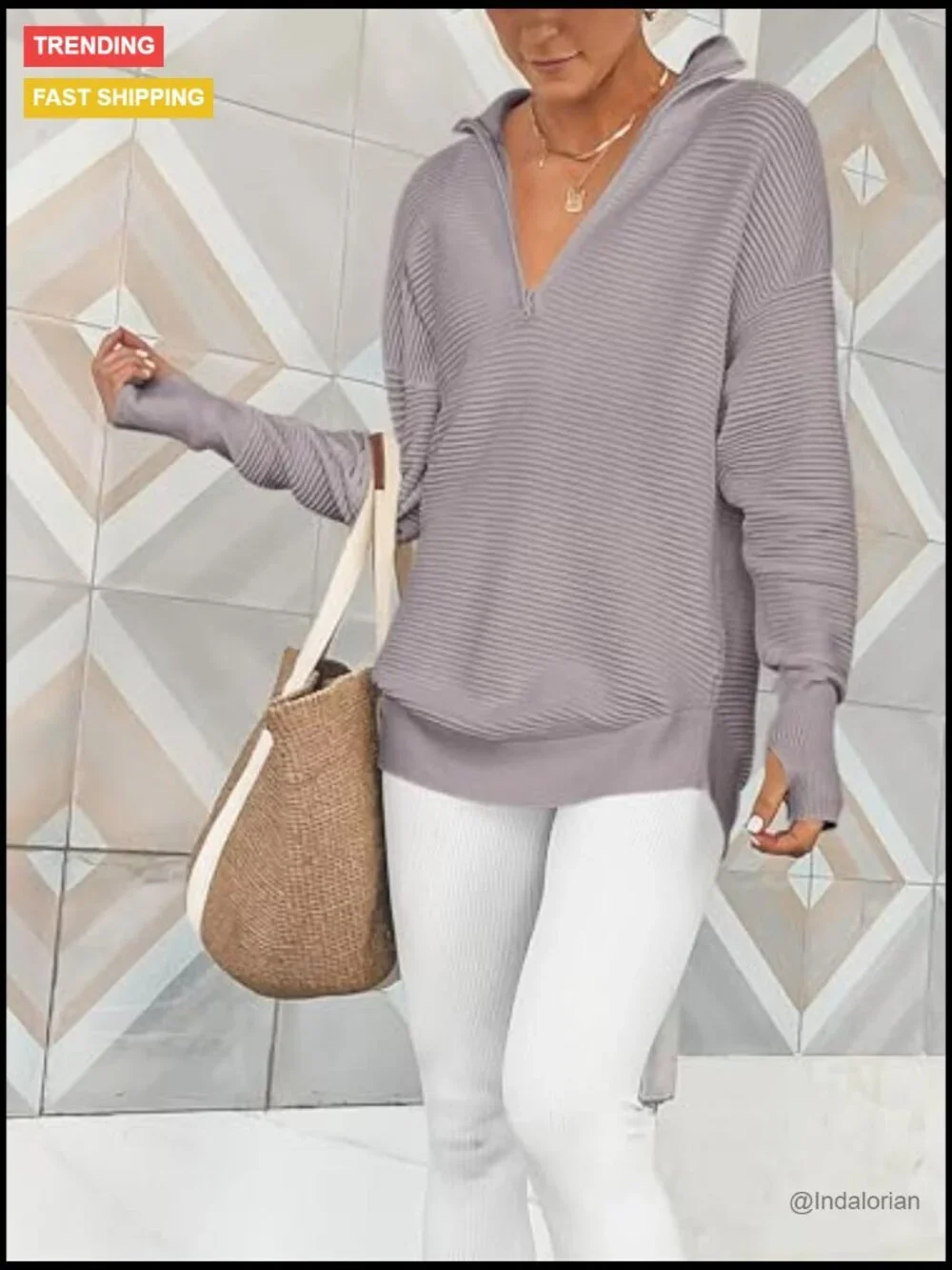 Long Sleeve Quarter Zip Pullover Sweater V Neck Collared Ribbed Knit Jumper